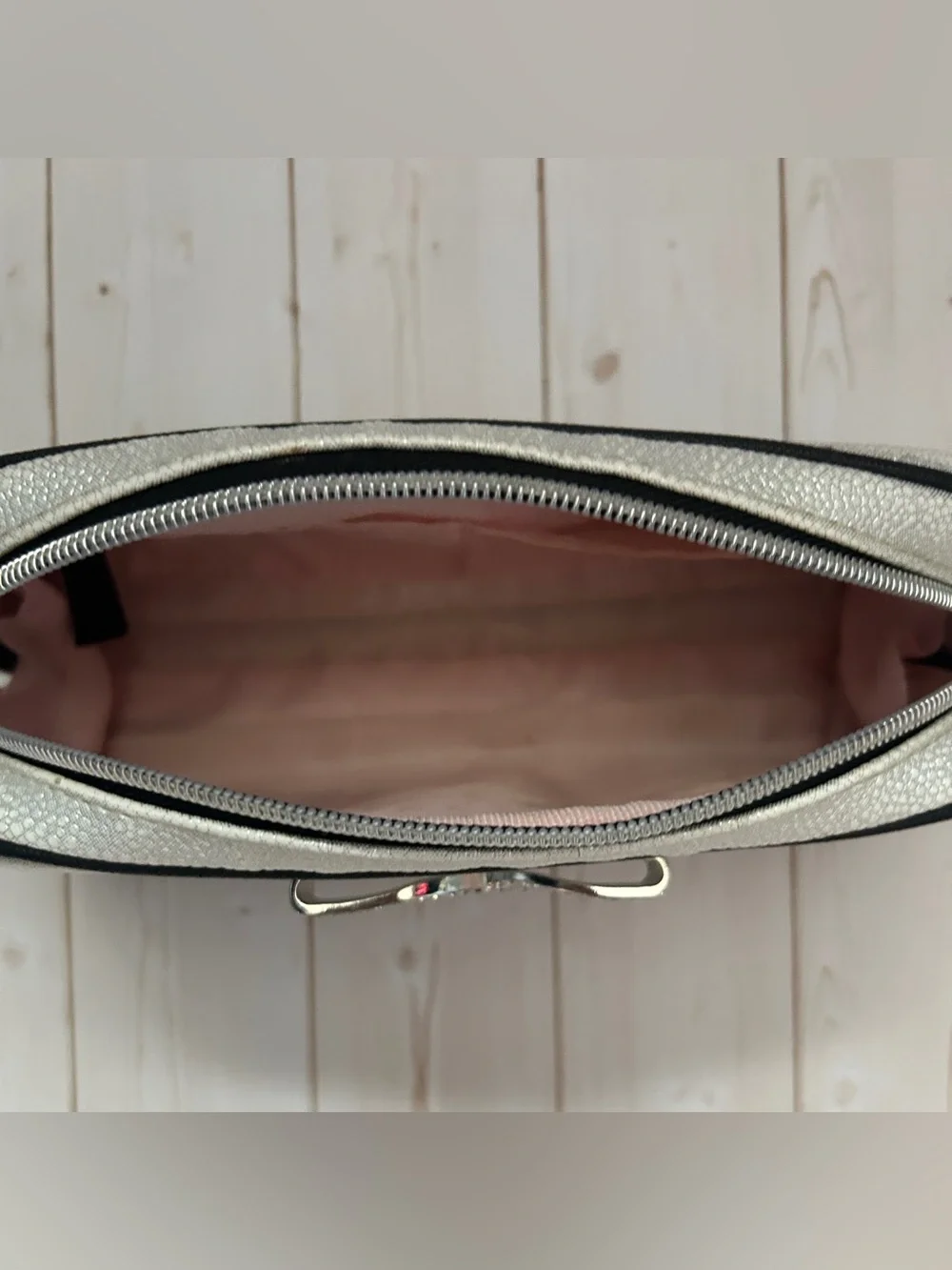 Victoria's Secret Silver Metallic Bow Cosmetic Make Up Bag